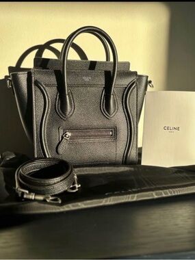 Celine Black Pebbled Leather Nano Luggage Tote with Strap